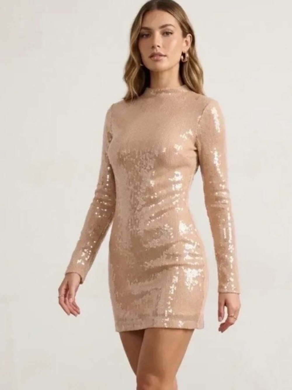 NWT Lulus Sequin Long-Sleeve Mockneck Bodycon Dress in Blush